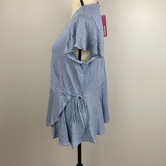 NWT Delancey studio Wrap Blouse Shirt SZ 1X Checkered Blue/White Stretch Comfy - Picture 6 of 11